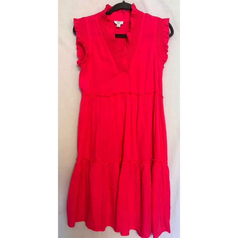 Crown & Ivy XSm Cottagecore Hot‎ Pink Tencel Tiered Ruffle Smocked Midi Dress